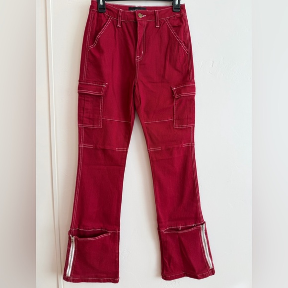 Fashion Nova Denim - Fashion Nova Y2K Red Cargo Utility Jeans Contrast Stitch Festival Rave Size 7